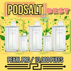 Pod Salt Pearl Pro 10000 vaping devices displayed against a vibrant background with leaves, highlighting its 10,000 puffs feature