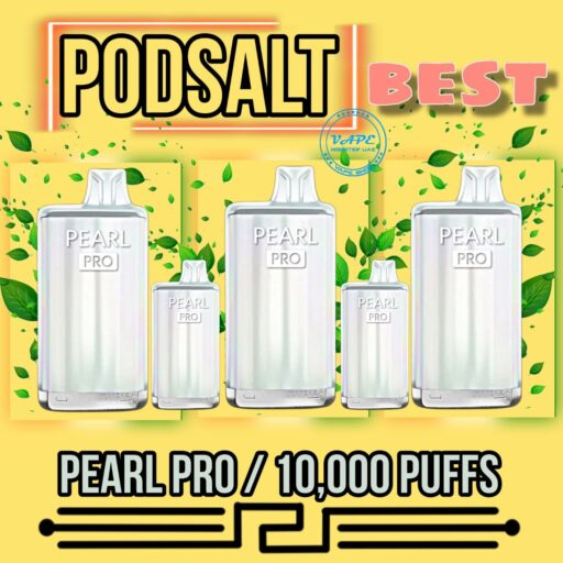 Pod Salt Pearl Pro 10000 vaping devices displayed against a vibrant background with leaves, highlighting its 10,000 puffs feature