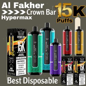 Al Fakher Hypermax 15k puffs Crown Bar disposable vape with multiple vibrant colors and packaging, showcasing its large capacity and long-lasting use.