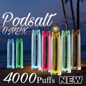 A variety of Pod Salt Onyx 4000 Puffs Disposable Vapes in different vibrant colors, displayed against a scenic sunset background, showcasing the new 4000 puff vape options.