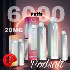A collection of Pod Salt Pearl Bar 6000 Puffs Disposable Vapes in various sizes with packaging, featuring the "Fizzy Cherry" flavour, showcasing the product's sleek iridescent design and "Best Seller" label.