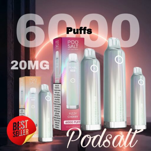 A collection of Pod Salt Pearl Bar 6000 Puffs Disposable Vapes in various sizes with packaging, featuring the "Fizzy Cherry" flavour, showcasing the product's sleek iridescent design and "Best Seller" label.